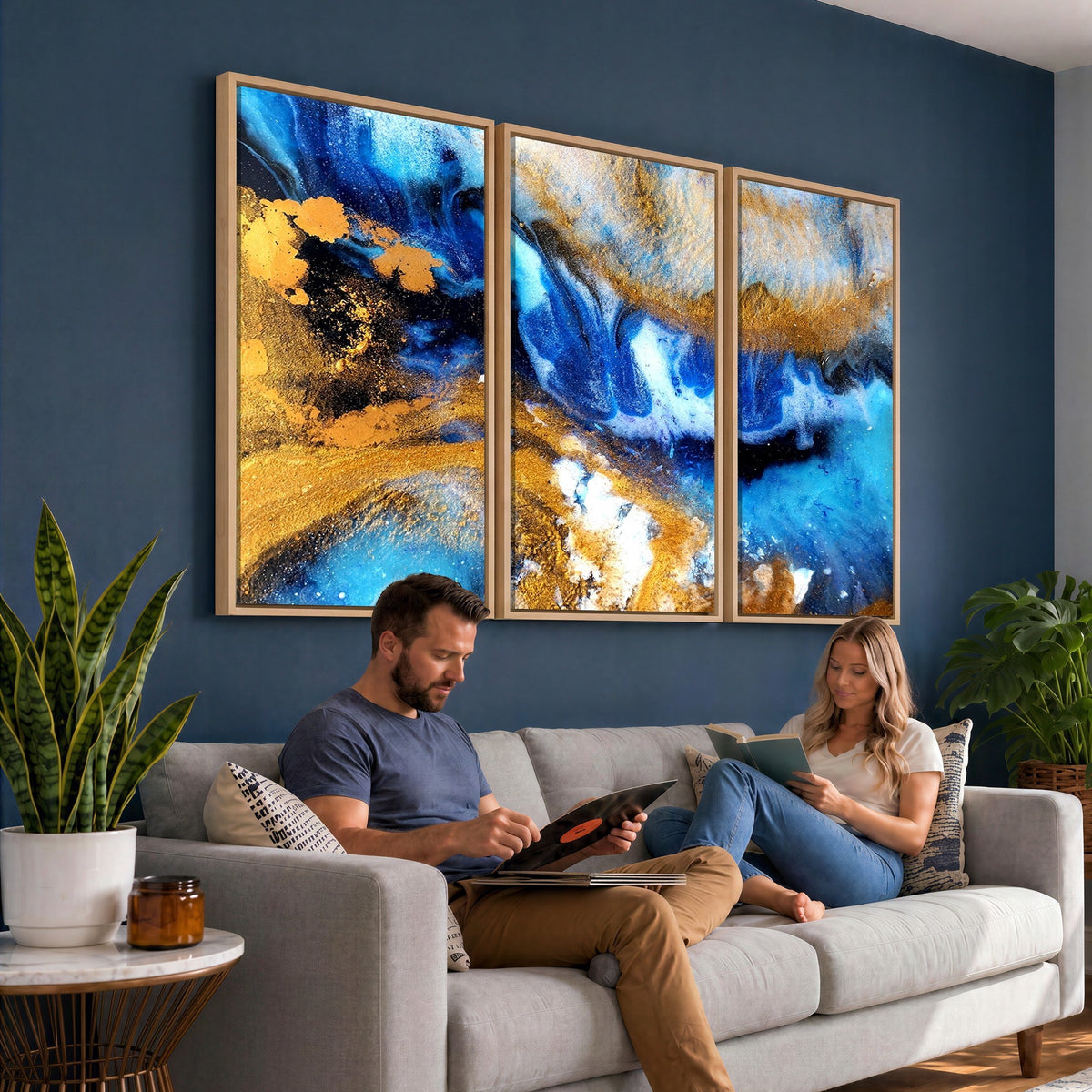 42100-_Poster-30x20 - Large Abstract Wall Art Print | Gold and Blue Abstract Canvas Wall Art