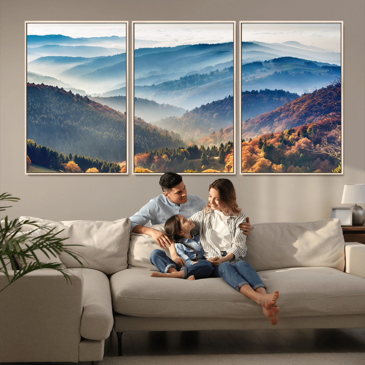23293-MGV-FC-60X30-3P_Natural-Misty Mountain Sunrise Triptych Canvas Print – Autumn Landscape Wall Art – Scenic Nature Decor – Ready to Hang
