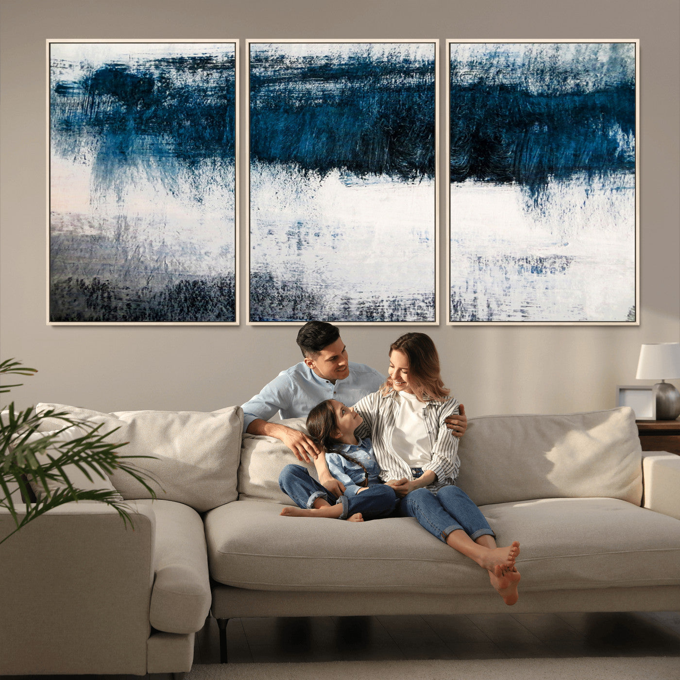 38954-MGV-FC-60X30-3P_Natural-Abstract Blue and White Canvas Art | Large Wall Art for Modern Living Room Decor | Minimalist Brushstroke Painting on Canvas