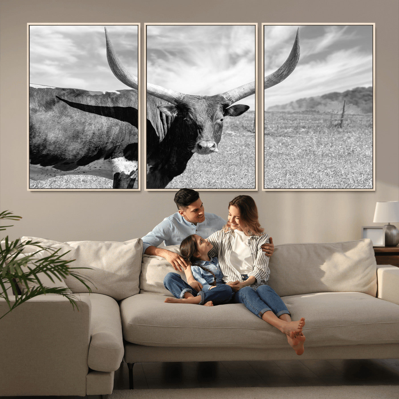30017-MGV-FC-60X30-3P_Natural-Cattle Wall Art Longhorn Cow Canvas Print