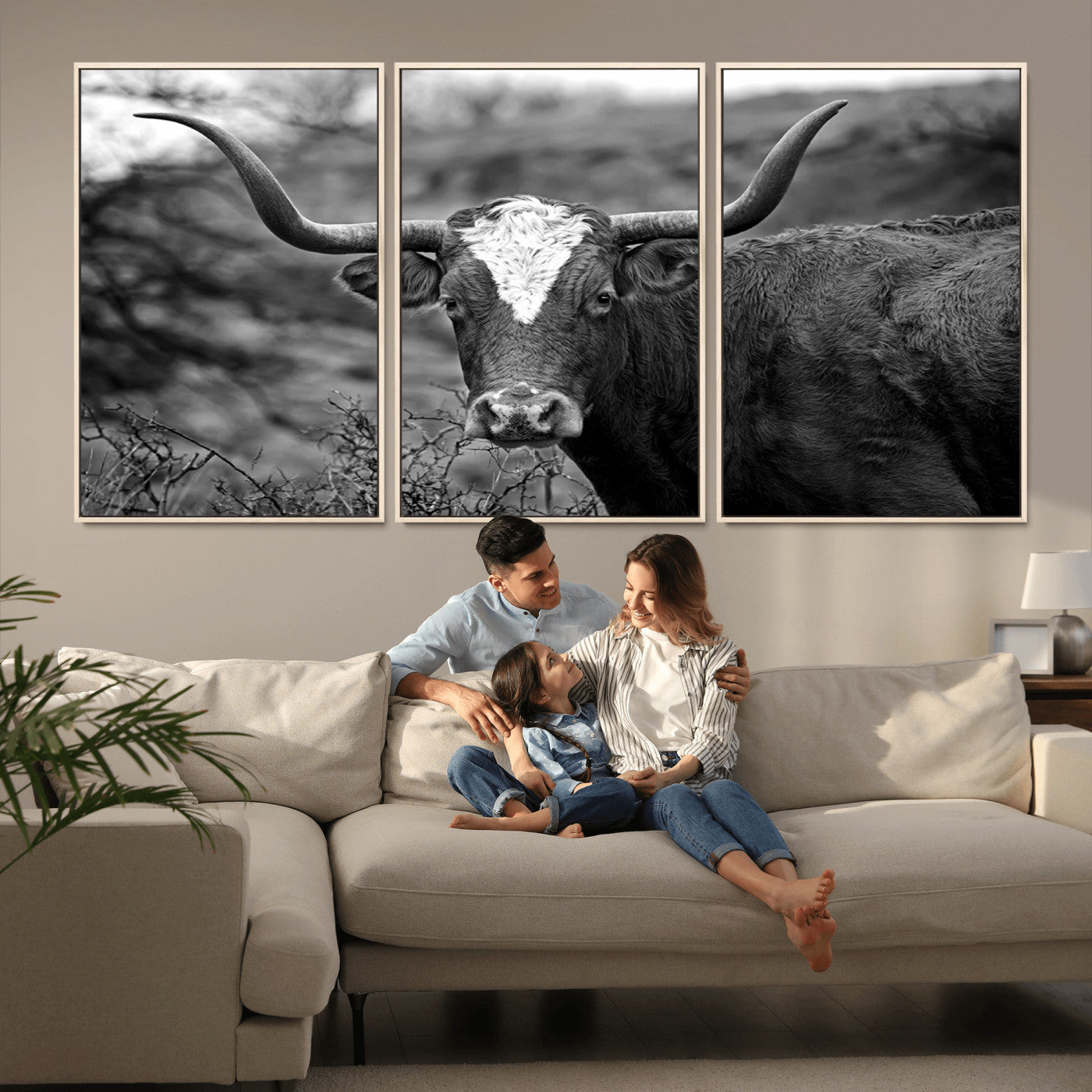 76200-MGV-FC-60X30-3P_Natural-Western Home Wall Art Canvas Print, Framed Texas Longhorn Art Picture Print, Rustic Cow Perfect Rustic Farmhouse Decor Artwork