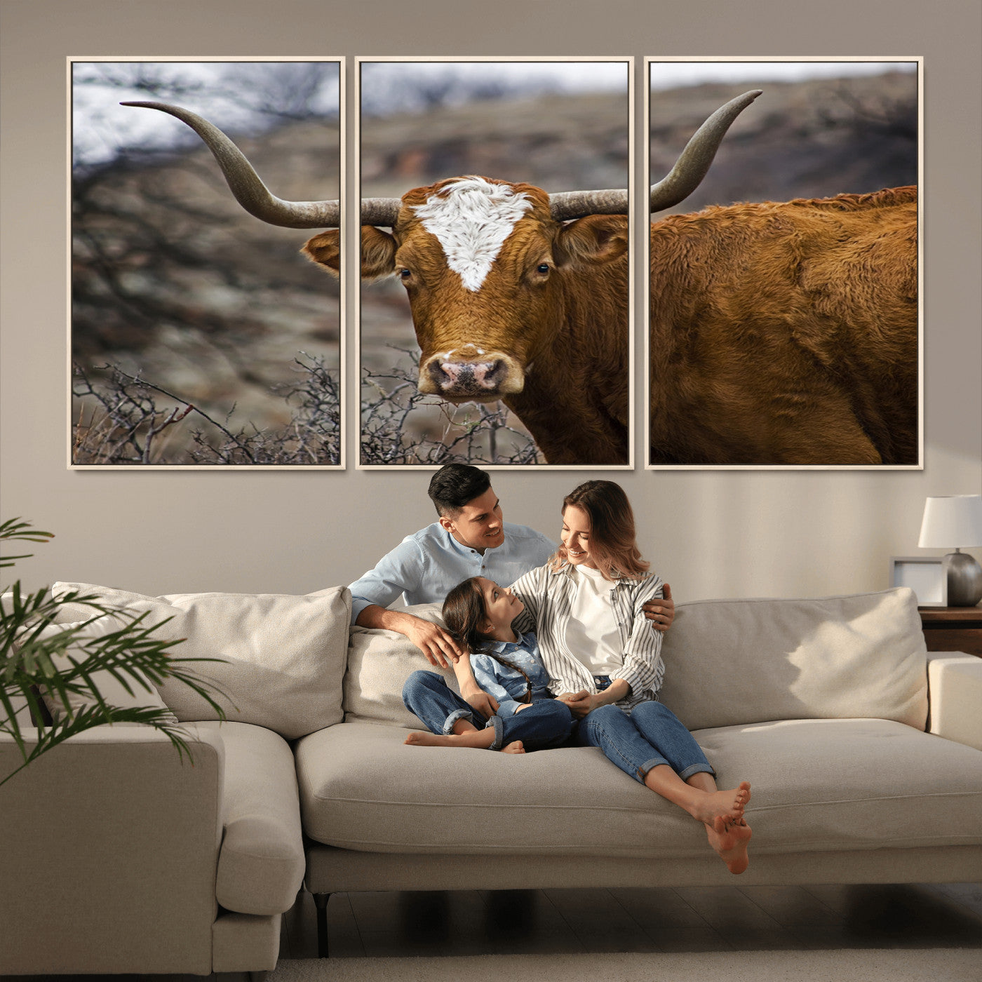 MGV-FC-60X30-3P - Texas Longhorn Canvas Wall Art - Longhorn Steer Canvas Wall Art Print- Rustic Western Animal Print,