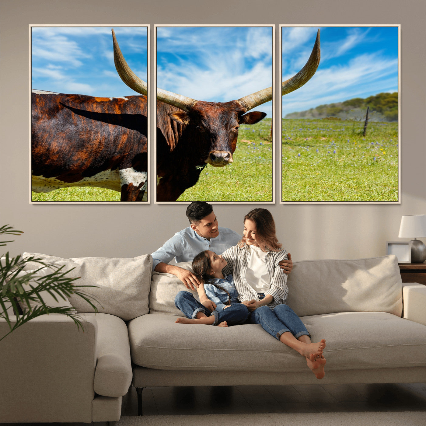 47037-MGV-FC-60X30-3P_Natural-Longhorn and Cow Wall Art, Country Cow Wall Decor Canvas Print