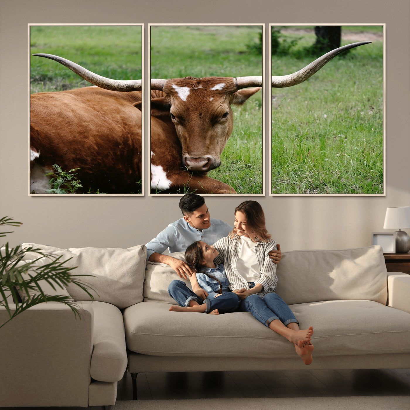 45997-MGV-FC-60X30-3P_Natural-Longhorn Steer Canvas Wall Art – Rustic Nature Triptych Decor for Living Room or Office – Ready to Hang