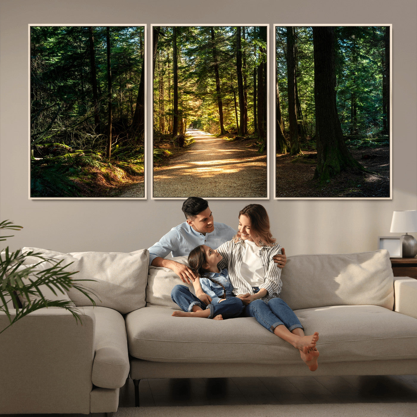 51762-MGV-FC-60X30-3P_Natural-Sunlit Forest Pathway Canvas Print | 3 Panel Large Nature Wall Art for Living Room, Office, or Modern Space | Tranquil Scenic Forest, Ready