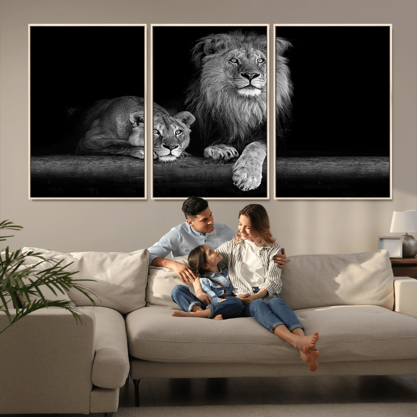 MGV-FC-60X30-3P - Large Black and White Lion Couple Wall Art Canvas Print