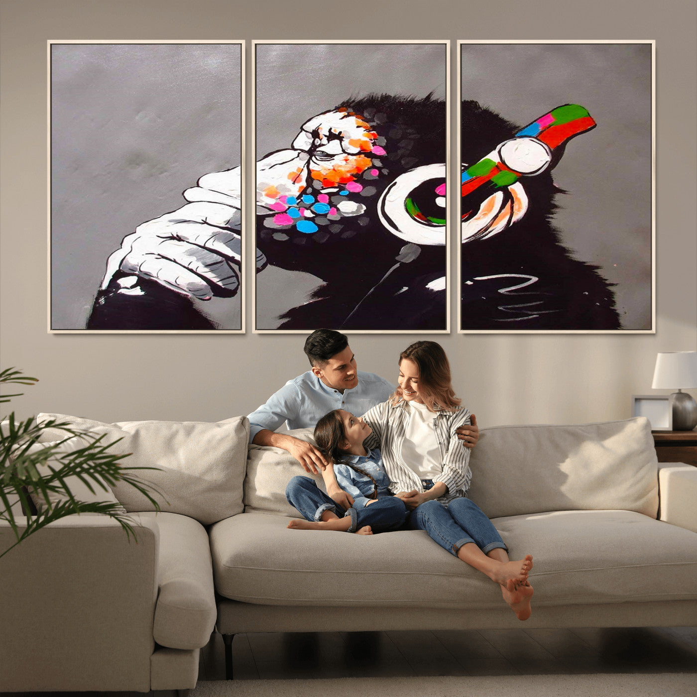 MGV-FC-60X30-3P - Dj Monkey Listening to Music Wall Art Print | Banksy Monkey Large Canvas Print for Living Room,