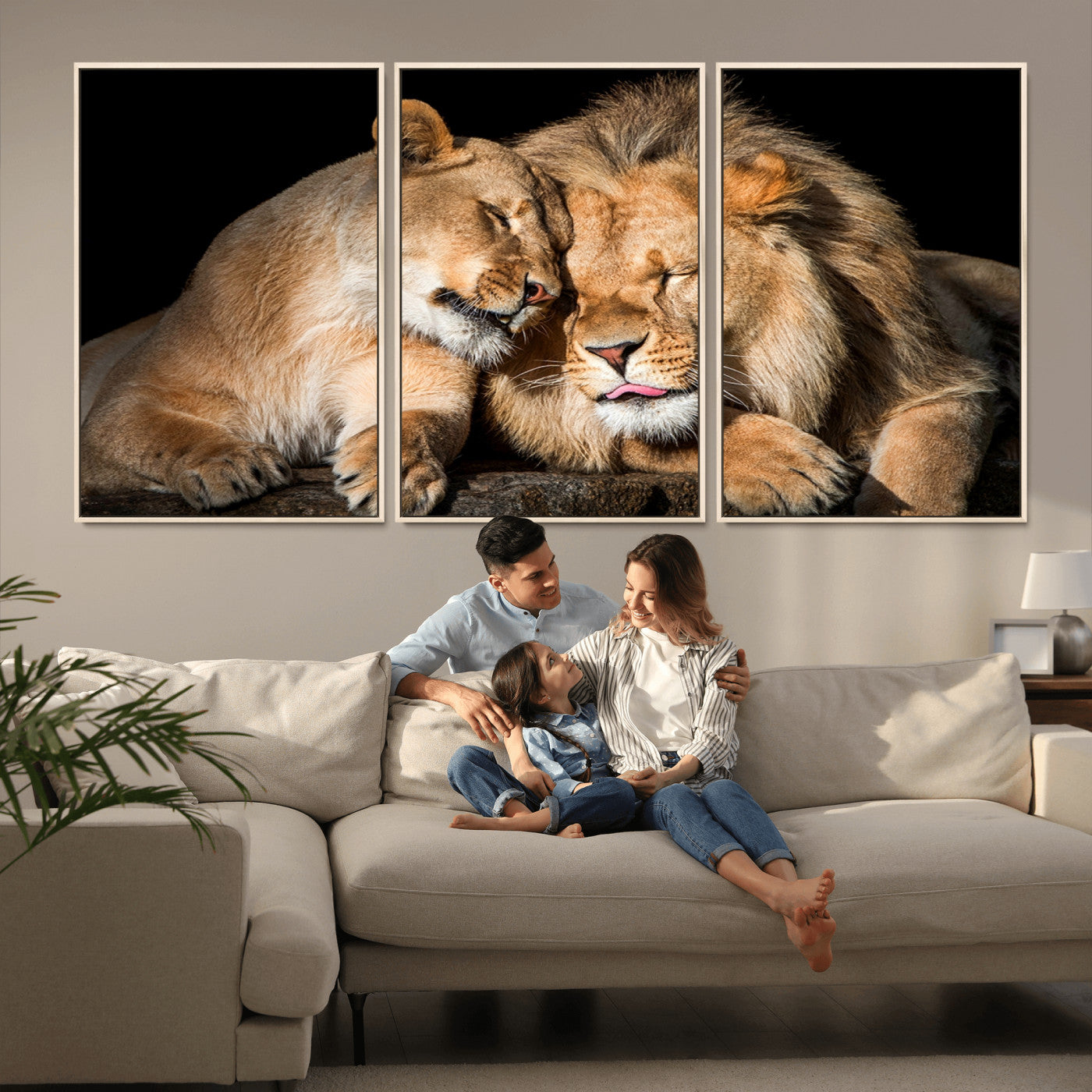 MGV-FC-60X30-3P - Lion and Lioness Wall Art Print Canvas | 3-Panel African Wildlife Canvas Print | Animal-Themed Art