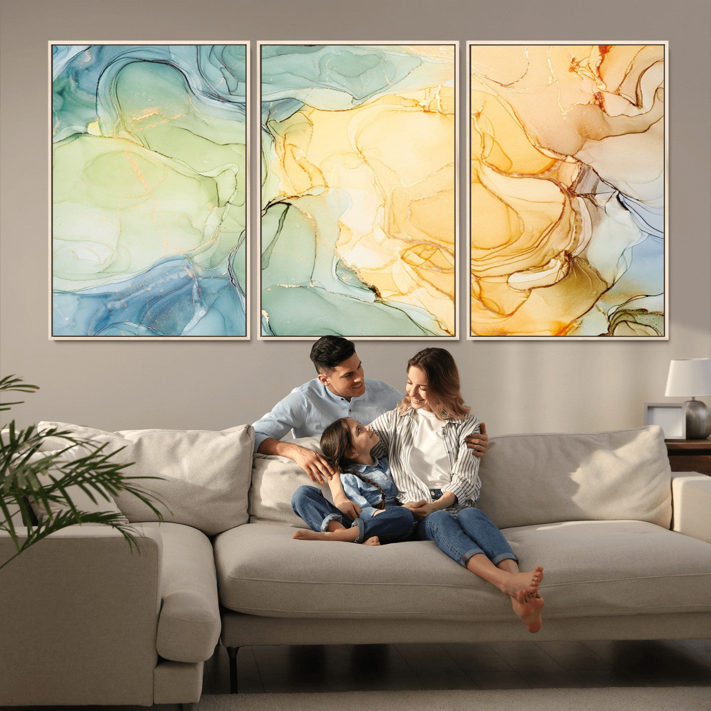 42195-MGV-FC-60X30-3P_Natural-Green and Yellow Marble Fluid Effect Wall Art, Green and Yellow Marble Canvas Wall Art Print