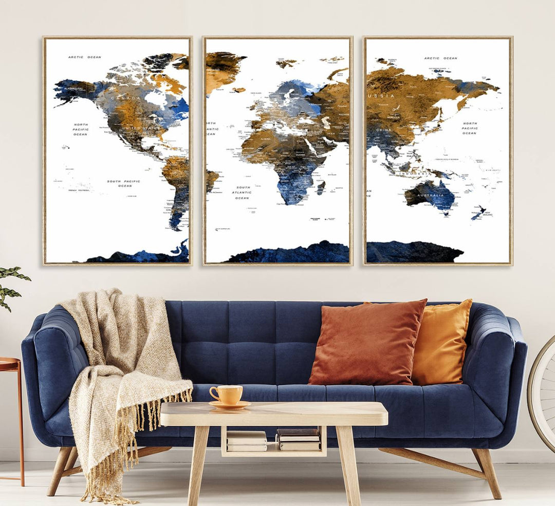 The Triptych Modern World Map Canvas in blue and brown is an ideal global decor piece for enhancing living rooms or offices. It comes ready to hang.