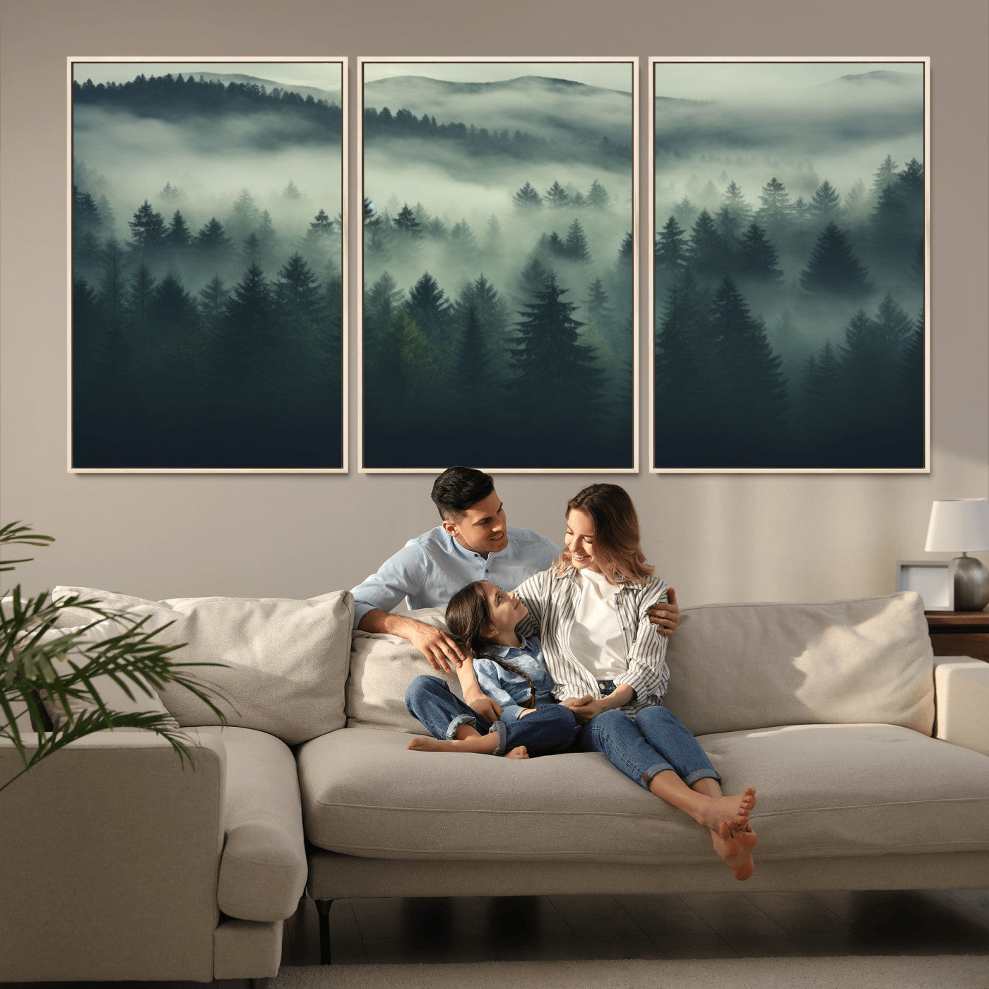 MGV-FC-60X30-3P - Misty Forest Wall Art Premium Canvas Print a Foggy and Serene Atmosphere