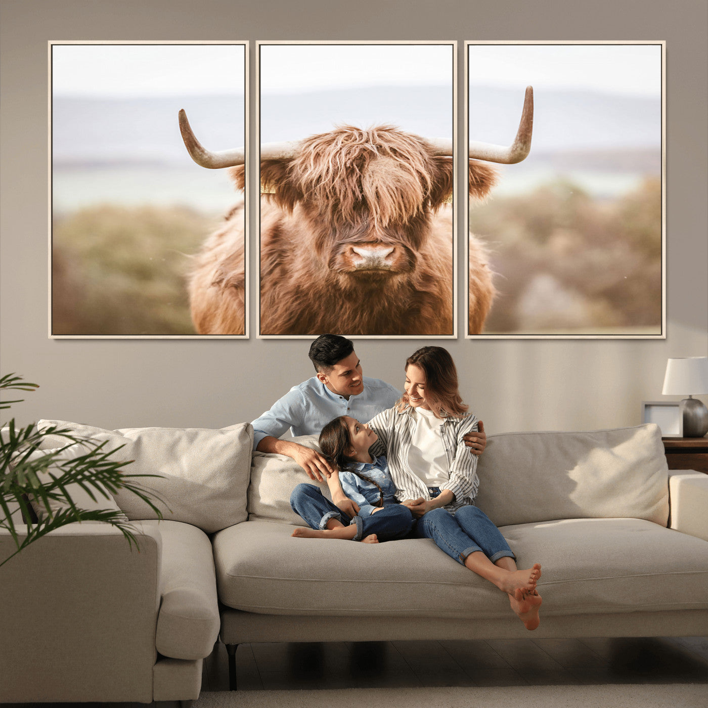 MGV-FC-60X30-3P - Scottish Serene Highland Cow Canvas Wall Art – Serene Highland Cow in Natural Pastel Tones – Ready