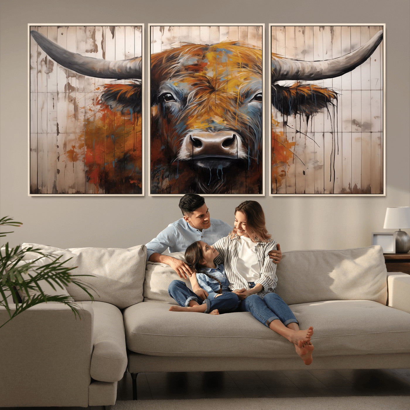 MGV-FC-60X30-3P - Abstract Bull Highland Cow Canvas Wall Art Print – Vibrant Rustic Charm in Modern Farmhouse Decor –