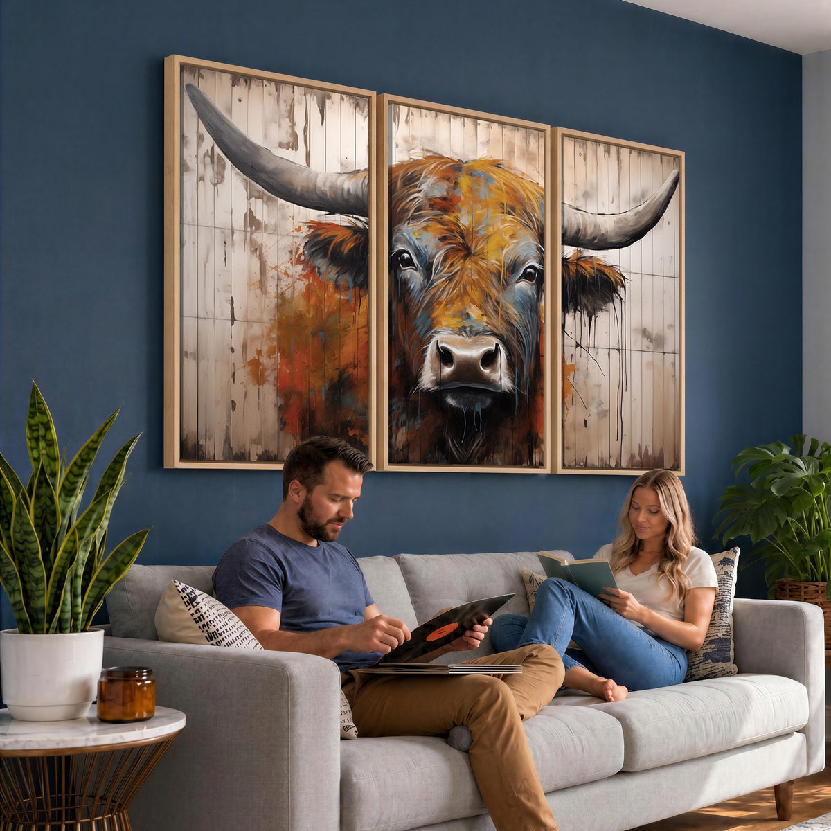 47284-MGV-CV-24X16 - Abstract Bull Highland Cow Canvas Wall Art Print