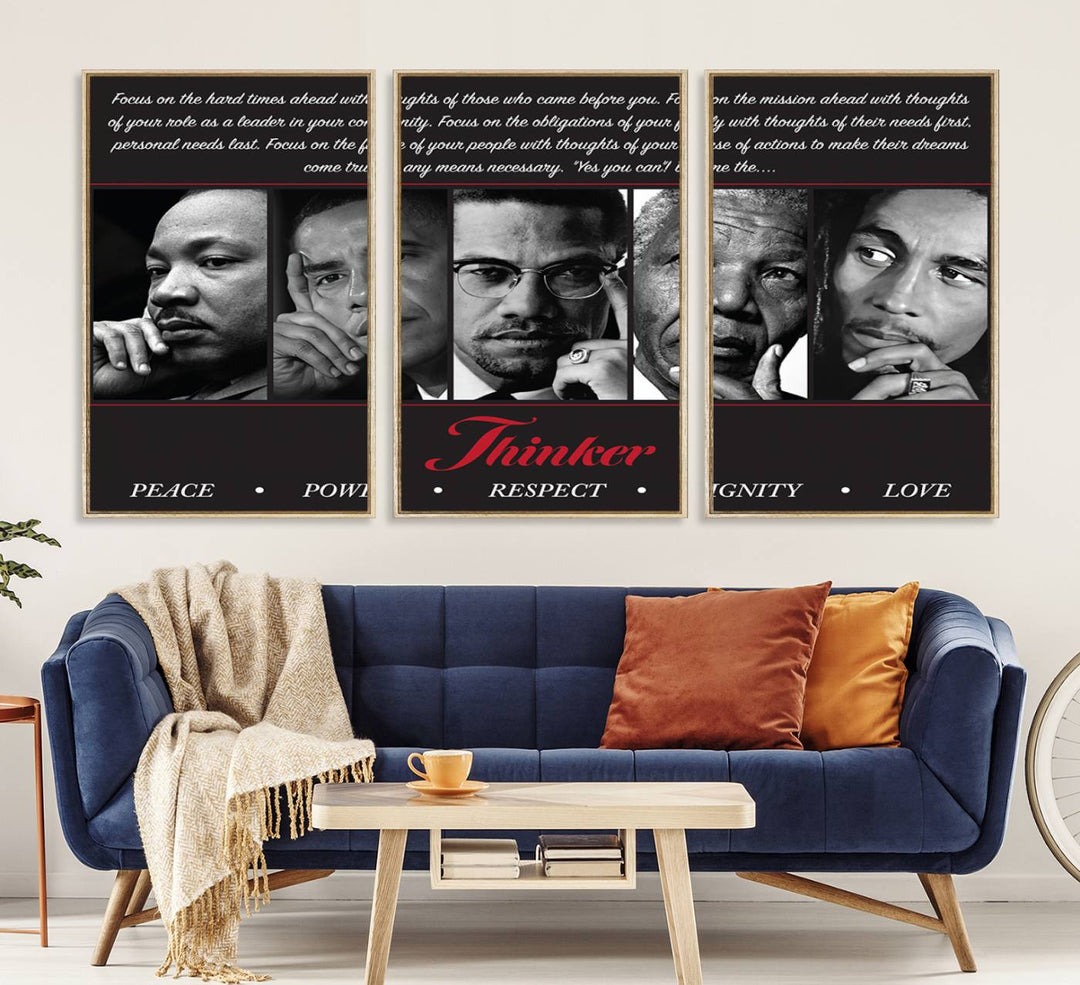 The Thinker Quintet Canvas Wall Art features portraits of Martin, Obama, Malcolm X, Mandela, and Marley, each representing virtues such as Peace and Power.