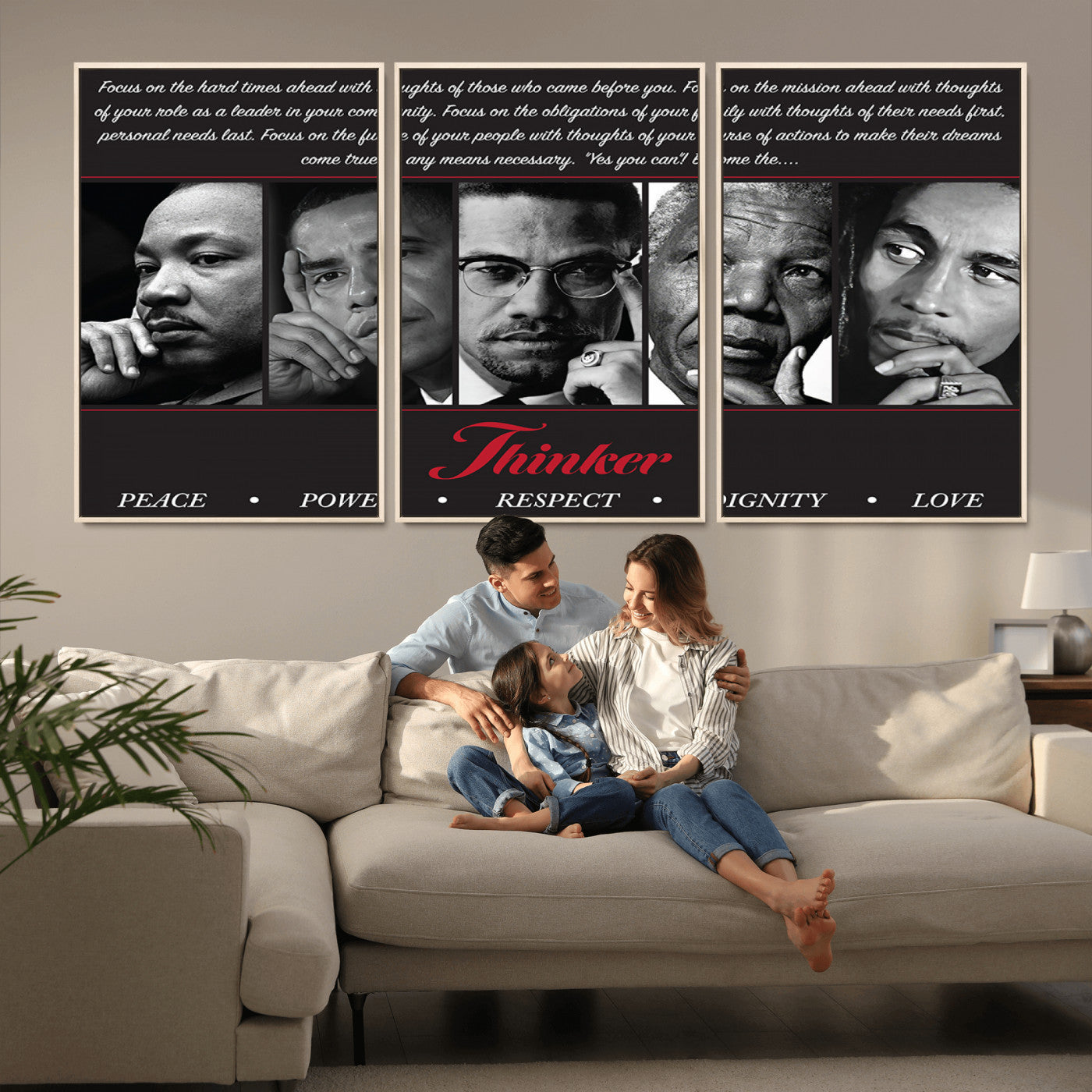 MGV-FC-60X30-3P - Thinker Quintet Canvas Wall Art – Martin, Obama, Malcolm X, Mandela, Marley Featuring Peace, Power,