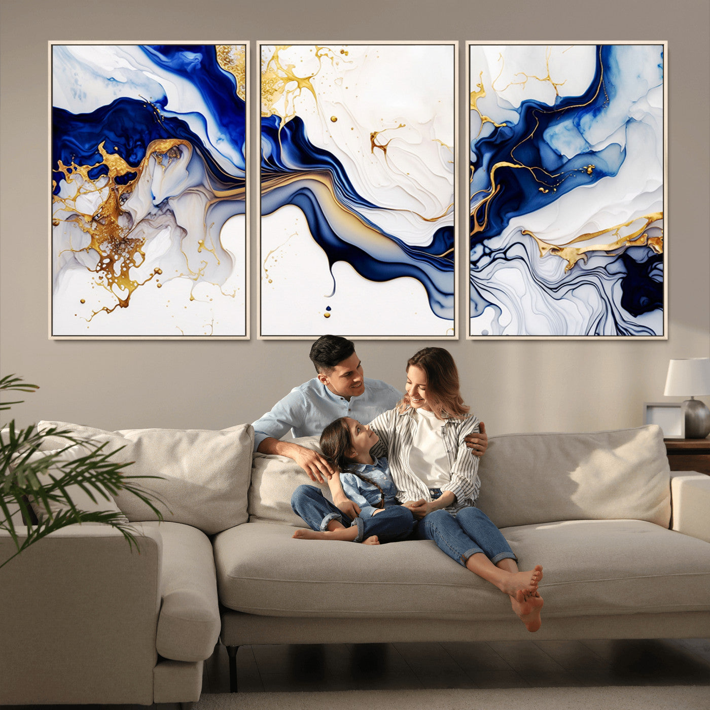 MGV-FC-60X30-3P - Golden Cascades on Midnight Blue – Deep Blue Abstract Wall Art Flowing Elegance | Wall Art Canvas,