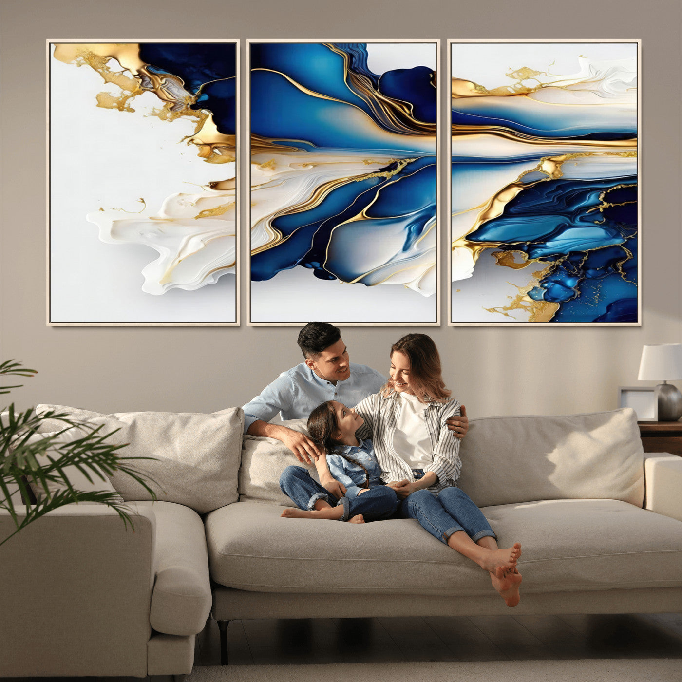 MGV-FC-60X30-3P - Gold Marble Art - Abstract Geode Gold And Blue Marble Shape 3 Pieces Wall Art Canvas Print