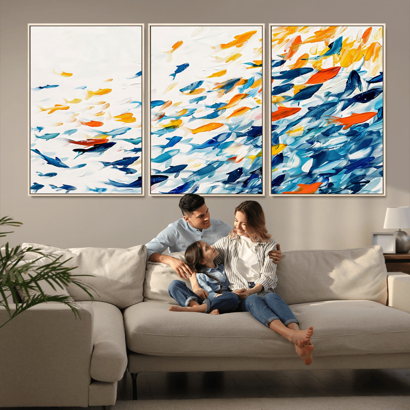 MGV-FC-60X30-3P - Abstract Fish Shoal Wall Art Canvas Print, Colorful Fish Herd Painting on Canvas Print, Ocean Animal