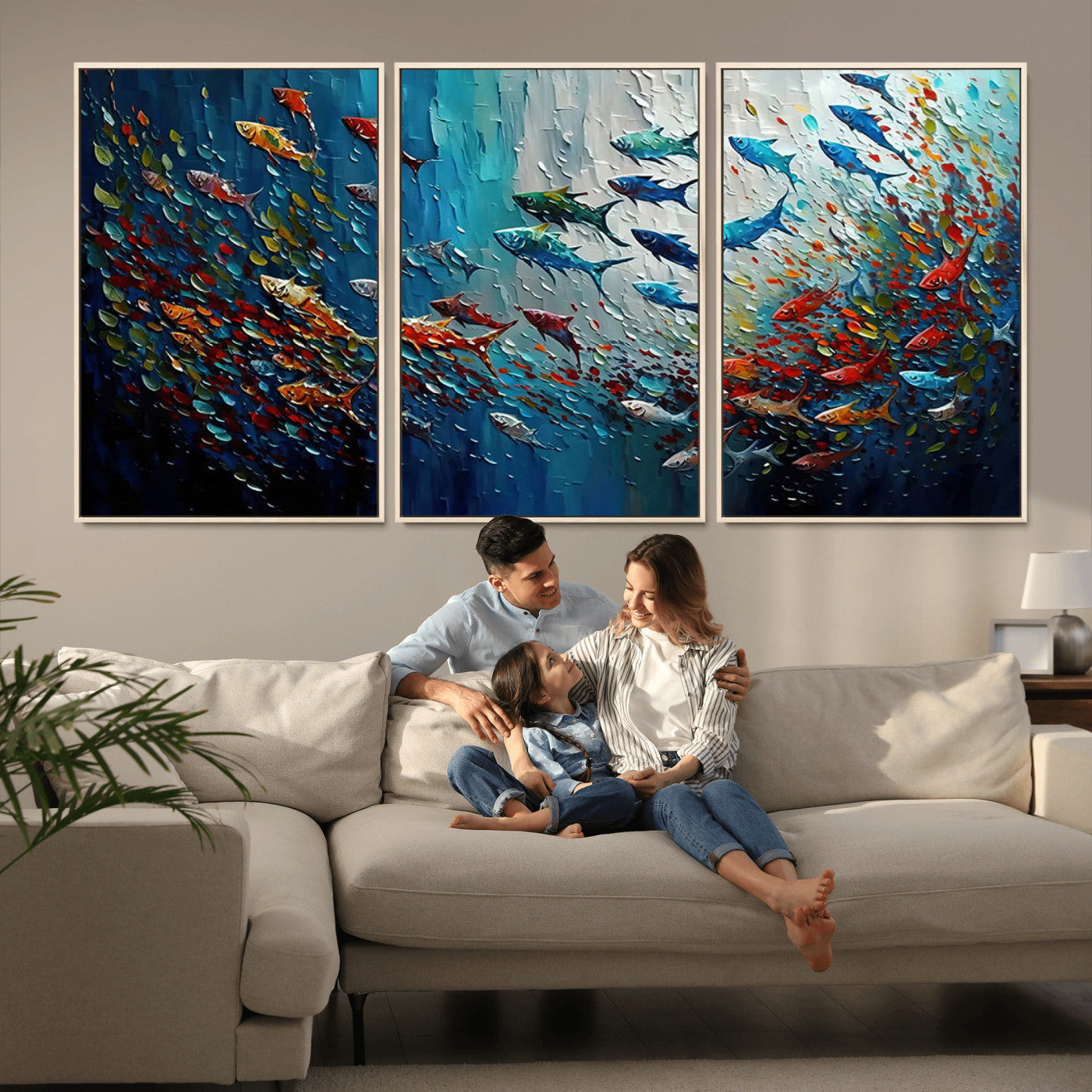 MGV-FC-60X30-3P - Modern Abstract Fish Shoal Wall Art Canvas Print, Colorful Fish Herd Painting on Canvas Print, Ocean