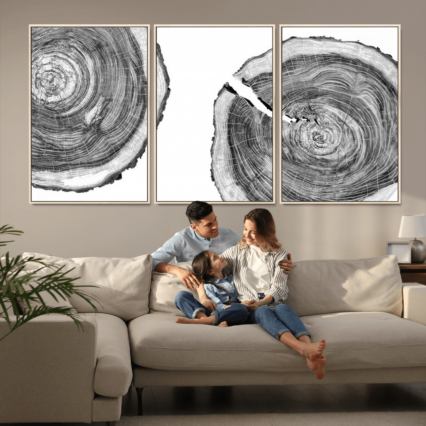 MGV-FC-60X30-3P - Modern Black and White Tree Rings Canvas Wall Art – Nature Inspired Wood Slice Print – Minimalist