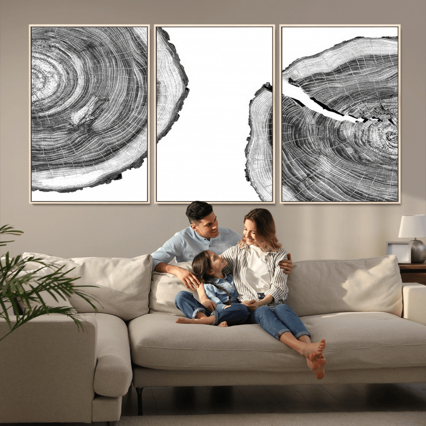 MGV-FC-60X30-3P - Abstract Large Tree Rings – Minimalist Black and White Wood Art | Triptych Canvas, Modern Wall Decor