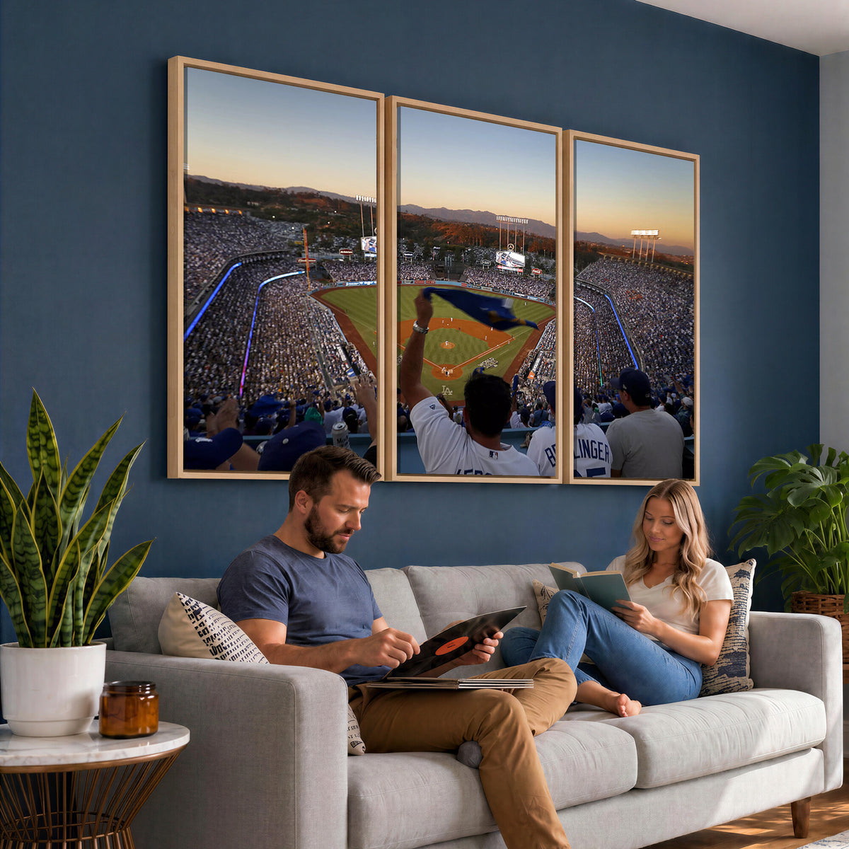 60162-MGV-CV-36X24 - Dodger Stadium Sunset Game Triple Canvas Wall Art, Los Angeles Dodgers MLB Match