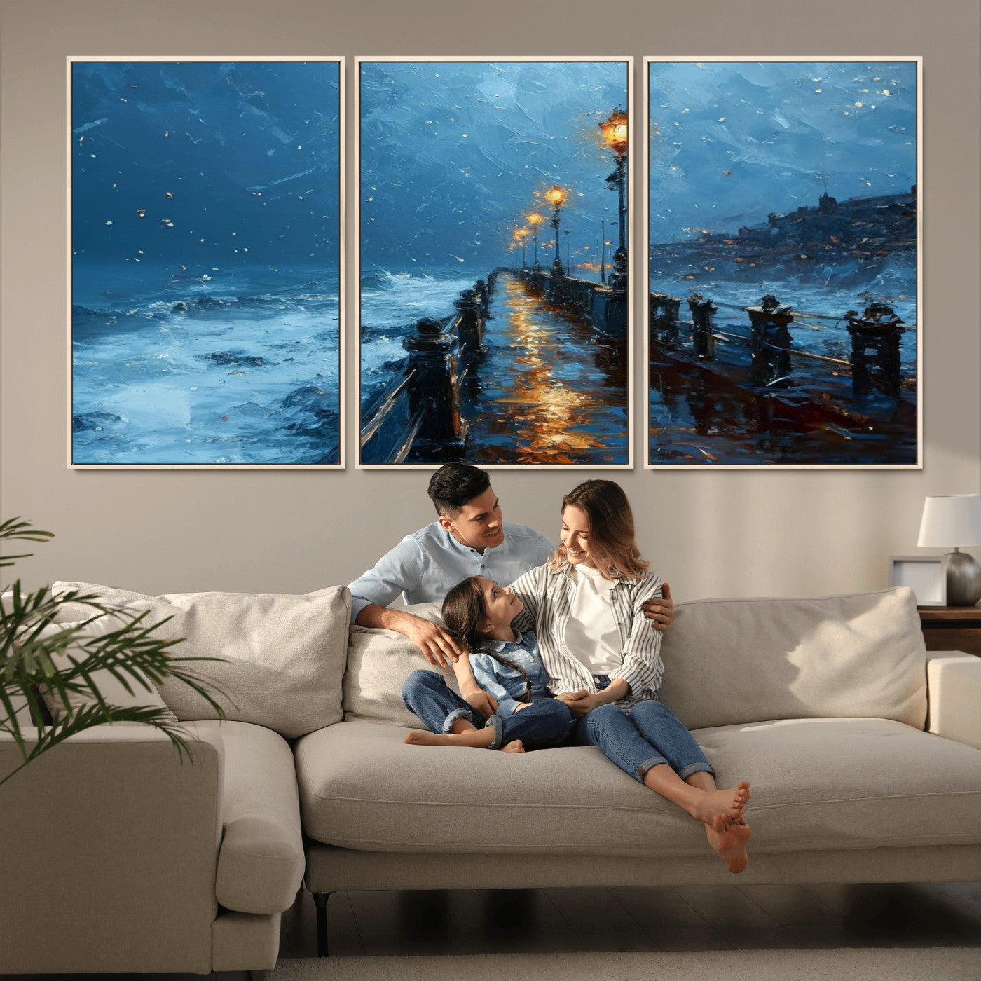 MGV-FC-60X30-3P - Stormy Night at Beach Pier Oil Painting Large Wall Art Print, Framed Canvas Nature Wall Decor,