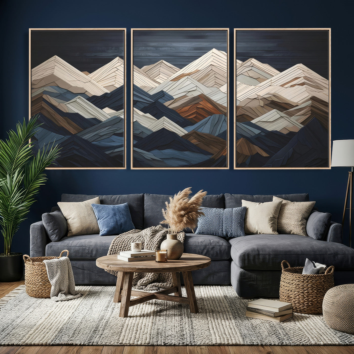 12896-MGV-CV-36X24 - Wood Mountain Range Wall Art - Ready to Hang 3-Piece Set for Modern Rustic Decor, Abstract Wooden