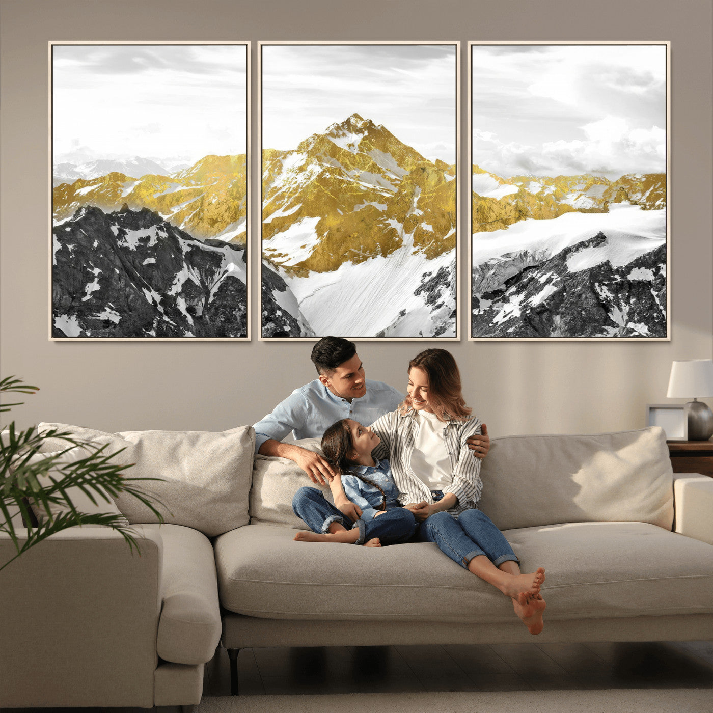 MGV-FC-60X30-3P - Gold Abstract Mountains Wall Art Print on Canvas, Nature Wall Art Print,