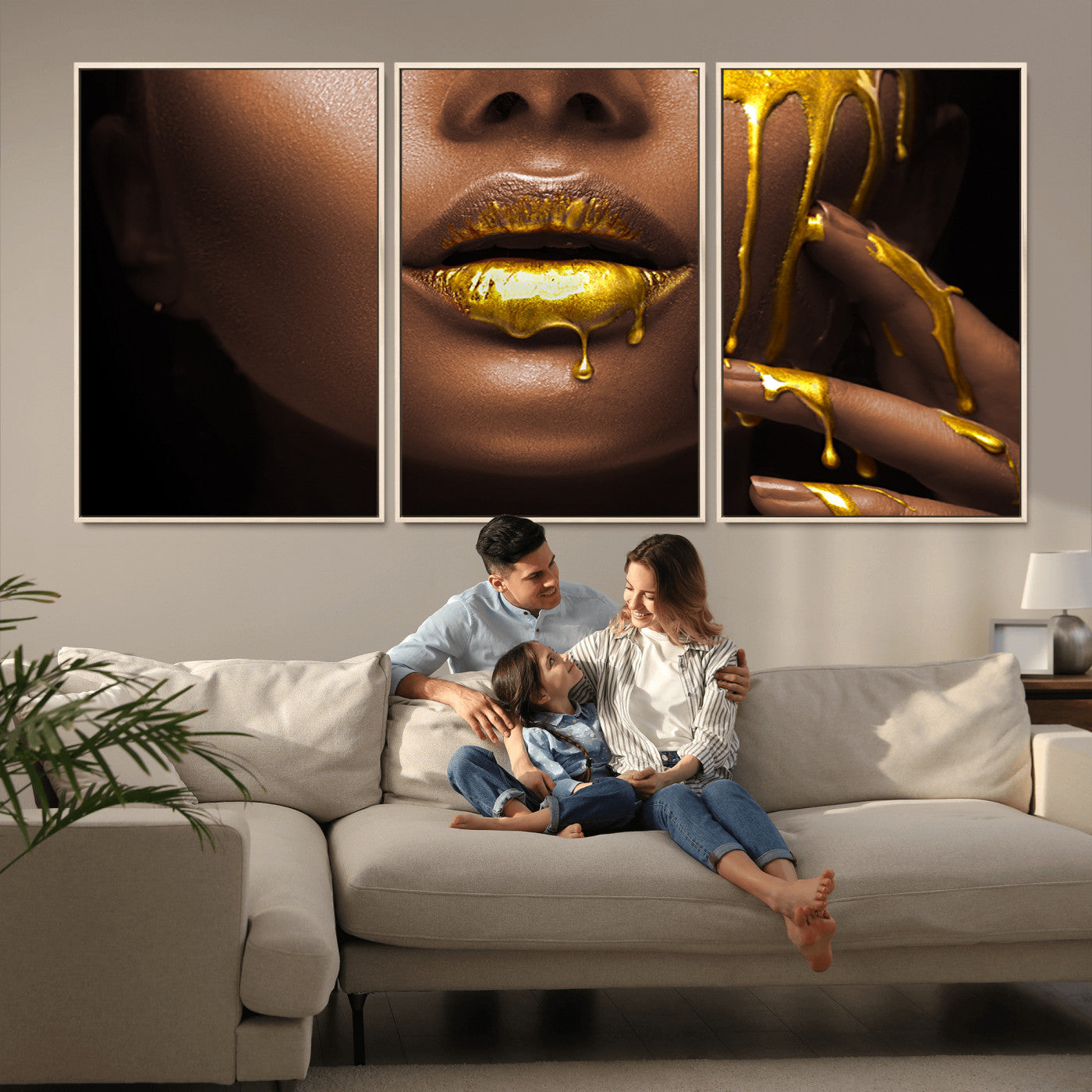 MGV-FC-60X30-3P - African American Art Black Woman Canvas Print, African Wall Art, Fashion African Woman Gold Lips