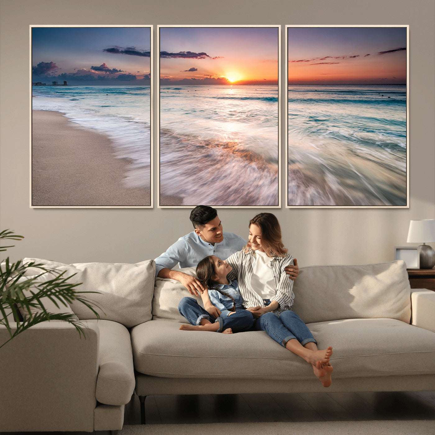MGV-FC-60X30-3P - Sunset Beach Wall Art – Soothing Coastal Landscape, Ready to Hang for Tranquil Home Decor