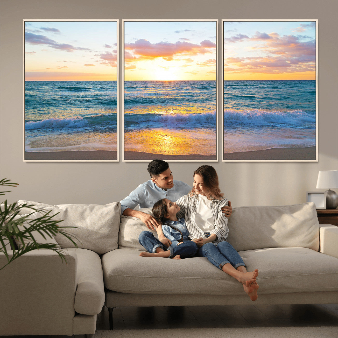 MGV-FC-60X30-3P - Golden Sunset Over Ocean Waves - Serene Coastal Triptych Wall Art for Relaxing Home Decor, Ready to