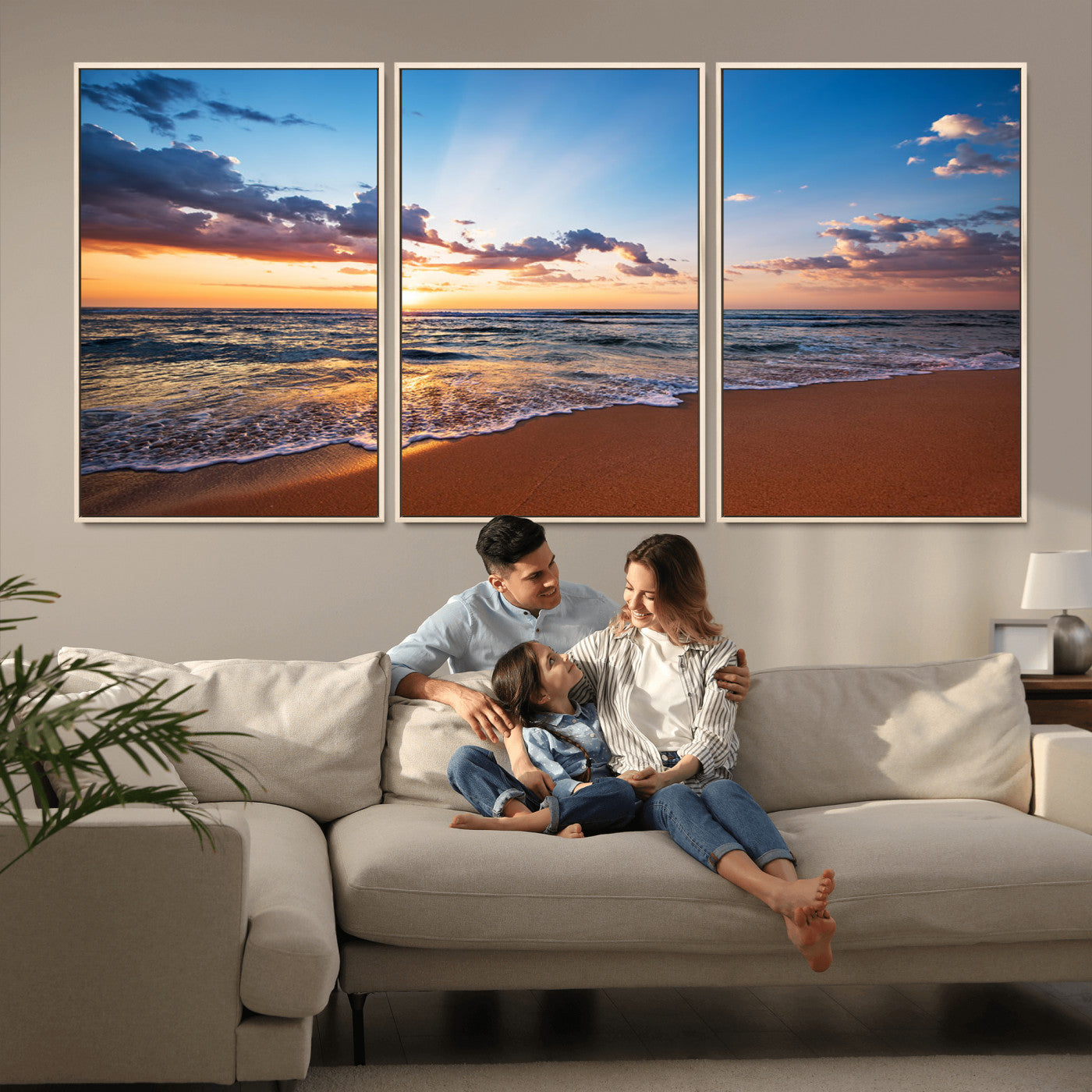 MGV-FC-60X30-3P - Golden Hour Beach Sunset Wall Art | Canvas Print | Ready to Hang | Coastal Wall Art for Living Room