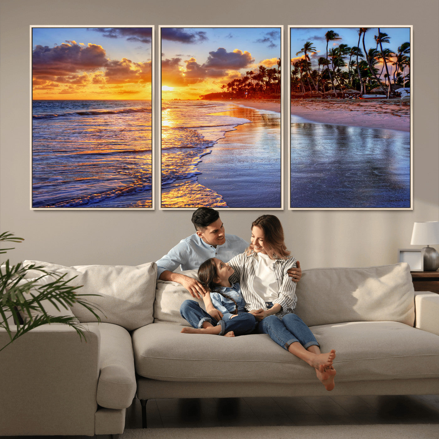 MGV-FC-60X30-3P - Serene Beach Sunset Wall Art Canvas- Coastal Seascape Print for Living Room or Bedroom, Ocean Waves