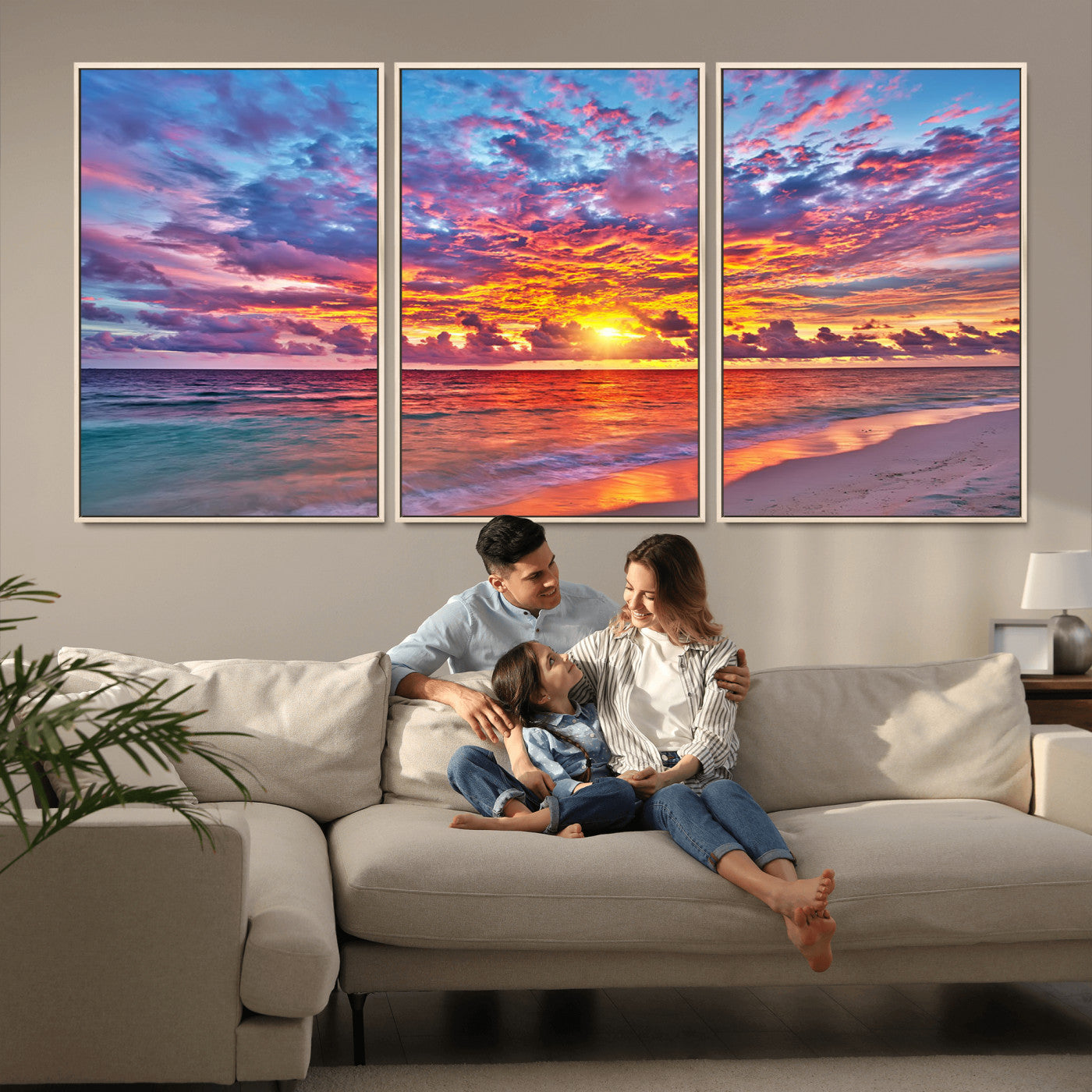 MGV-FC-60X30-3P - Vibrant Sunset Beach Wall Art - Ocean Sunset Canvas Print | Coastal Wall Art Decor Stunning Sunset