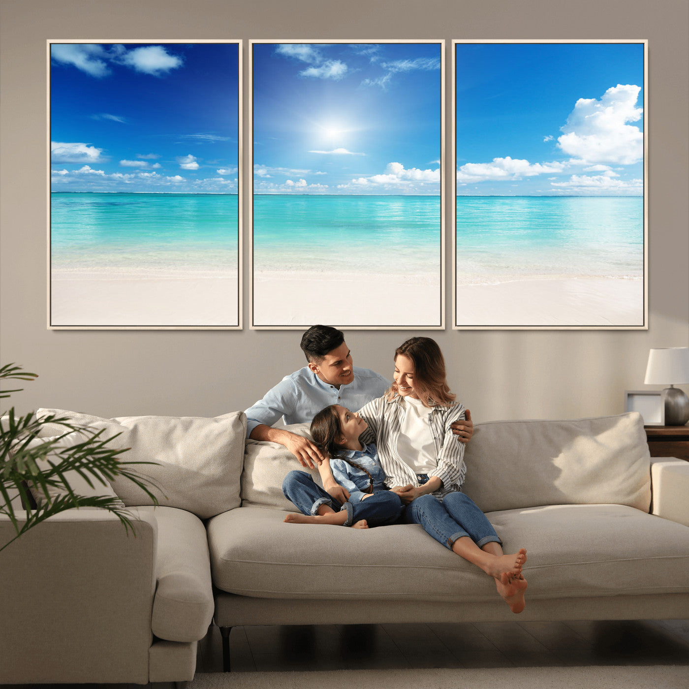 MGV-FC-60X30-3P - Blue Ocean Wall Art Canvas Print - Tranquil Ocean Paradise Triptych Wall Art - Ready to Hang Beach