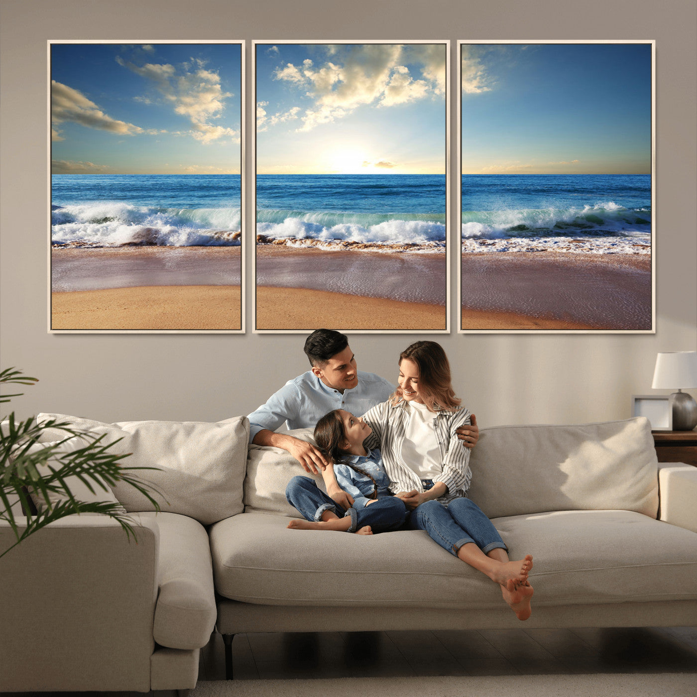 MGV-FC-60X30-3P - Serene Ocean Sunset Canvas Wall Art - Beach Waves at Sunset, Ready to Hang