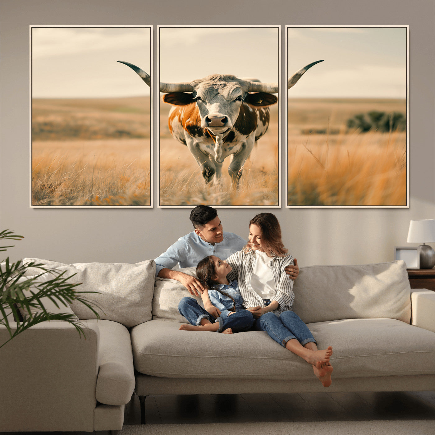 16580-MGV-FC-60X30-3P_Natural-Texas Cow Longhorn Wall Art Canvas Print for Farm House Wall Decor, Farmhouse Cow Print Canvas Wall Art Print