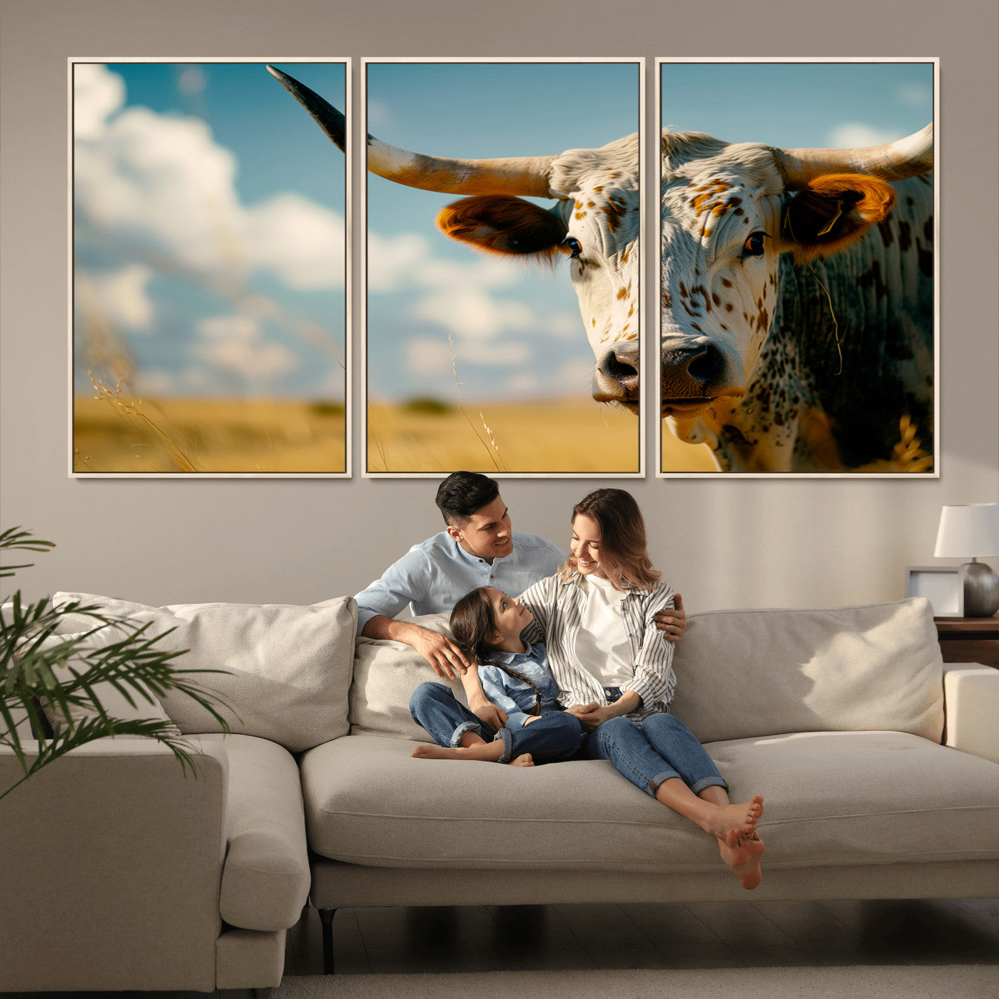 MGV-FC-60X30-3P - Longhorn in the Prairie - Stunning Ranch-Style Triptych Wall Art for Western Home Decor, Cowboy Wall