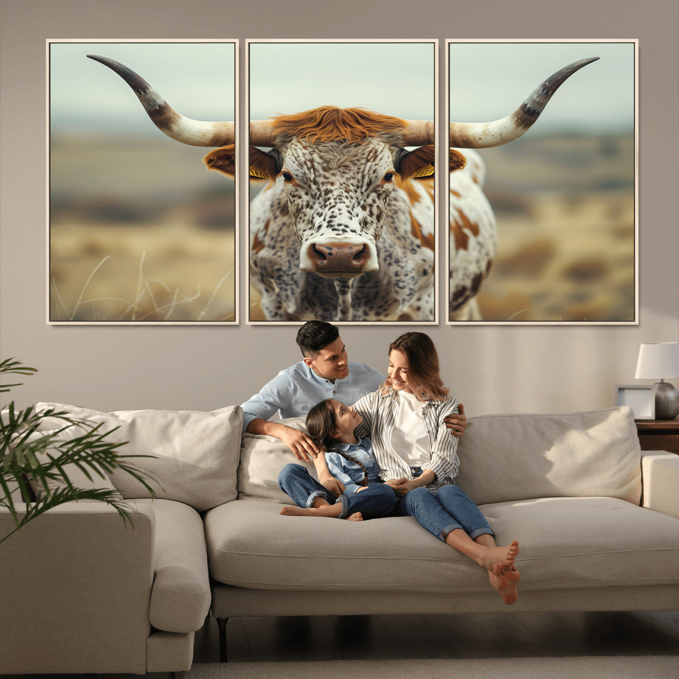 MGV-FC-60X30-3P - Texas Cow Longhorn Wall Art Canvas Print for Farm House Wall Decor, Farmhouse Wall Art Print