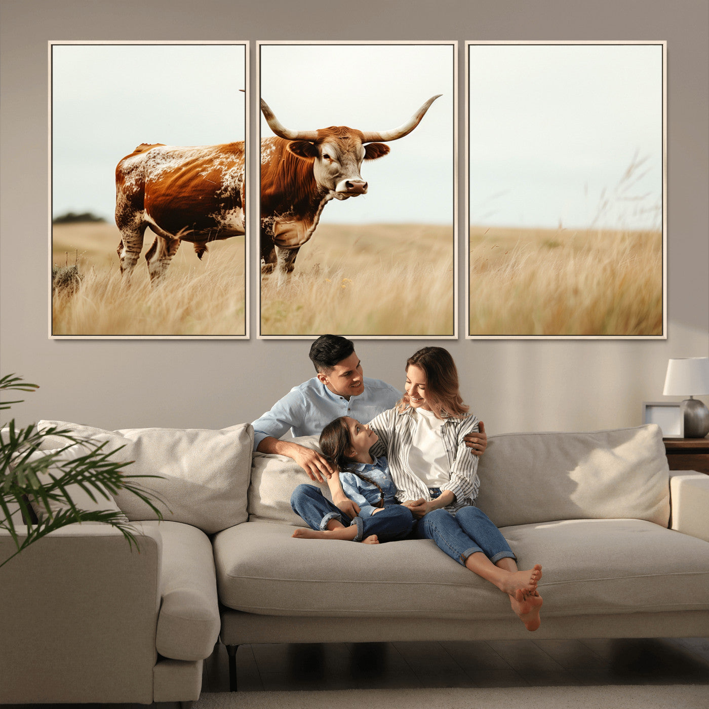 MGV-FC-60X30-3P - Texas Longhorn Canvas Wall Art Print – Majestic Western Cattle in Rustic Farmhouse Decor – Cow Wall