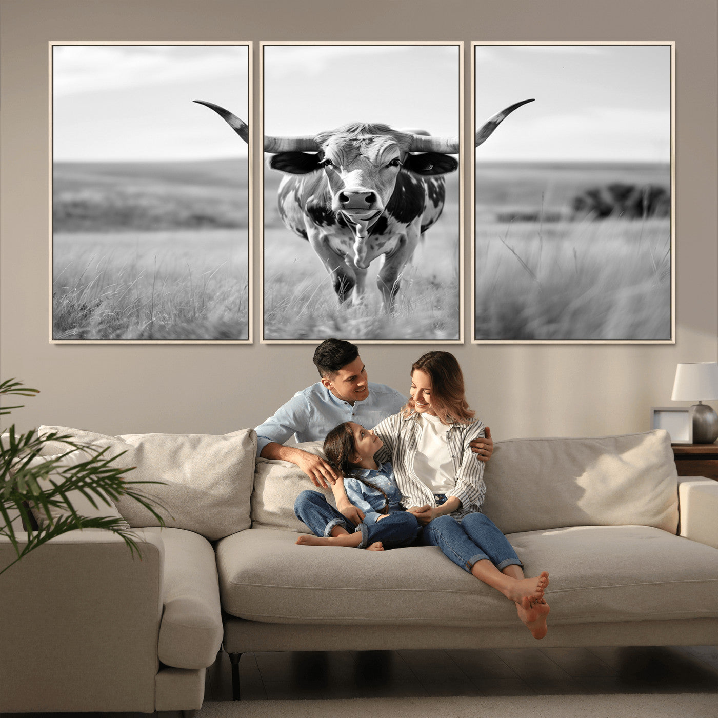 MGV-FC-60X30-3P - Texas Cow Longhorn Wall Art Canvas Print for Farm House Wall Decor, Farmhouse Wall Art Print