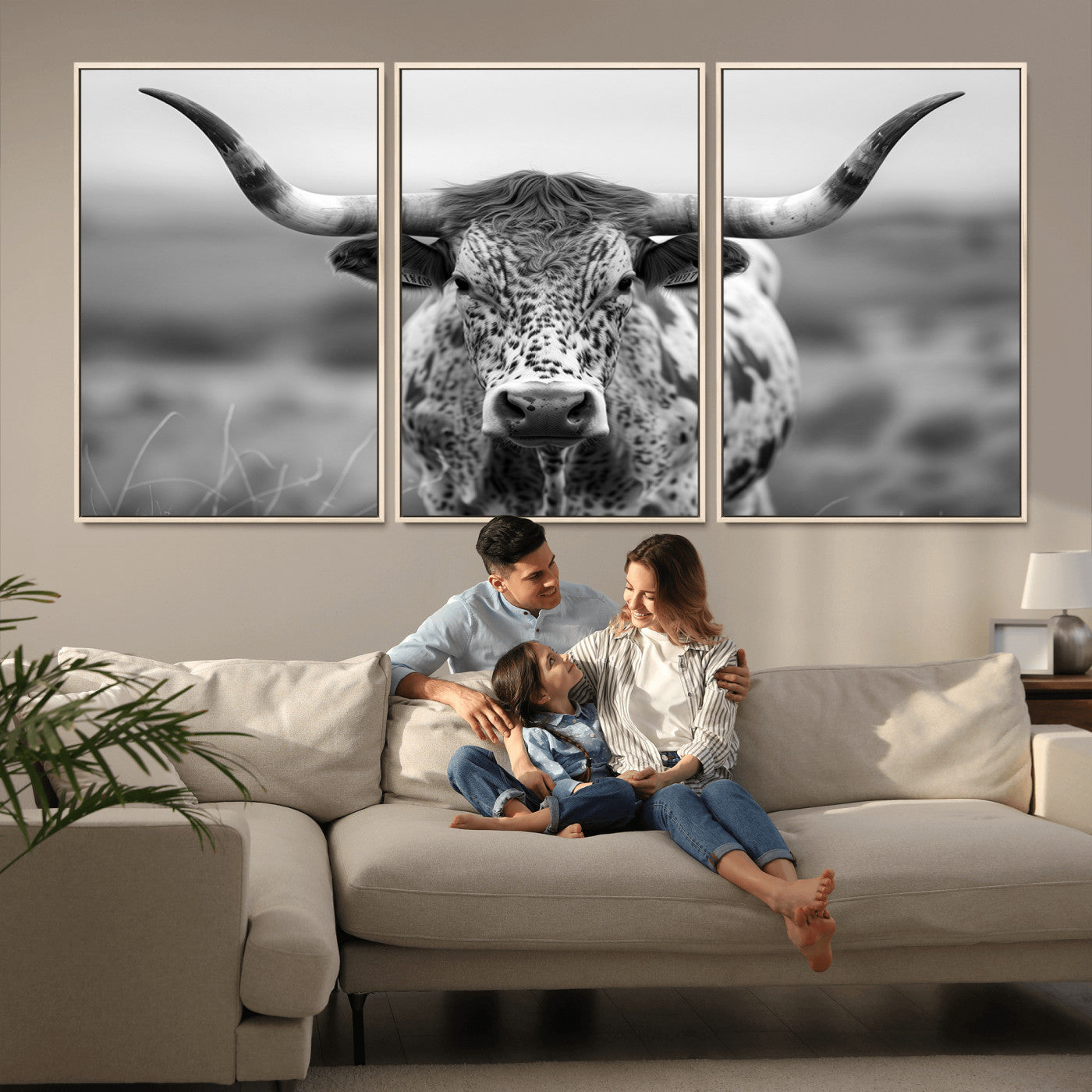 MGV-FC-60X30-3P - Texas Cow Longhorn Wall Art Canvas Print for Farm House Wall Decor, Farmhouse Wall Art Print