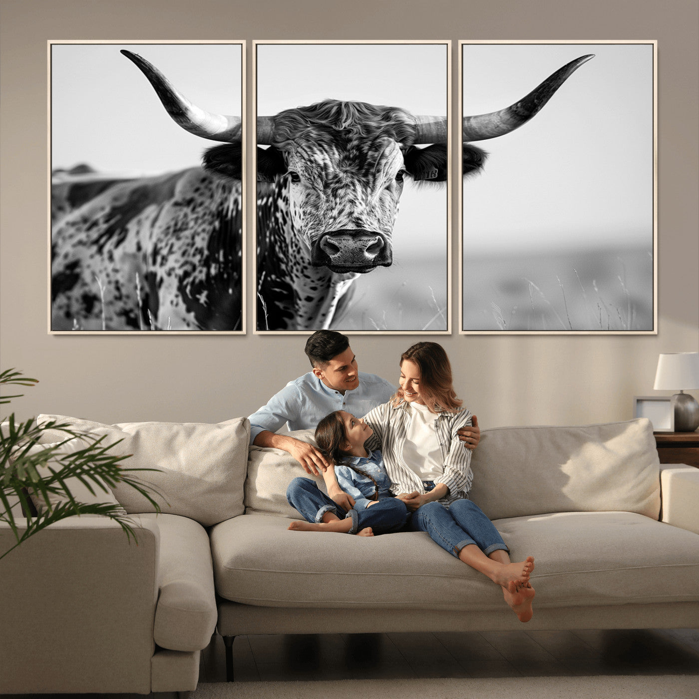 MGV-FC-60X30-3P - Texas Highland Cow Longhorn Canvas Print - Rustic Farmhouse Wall Art - Large Texas Longhorn