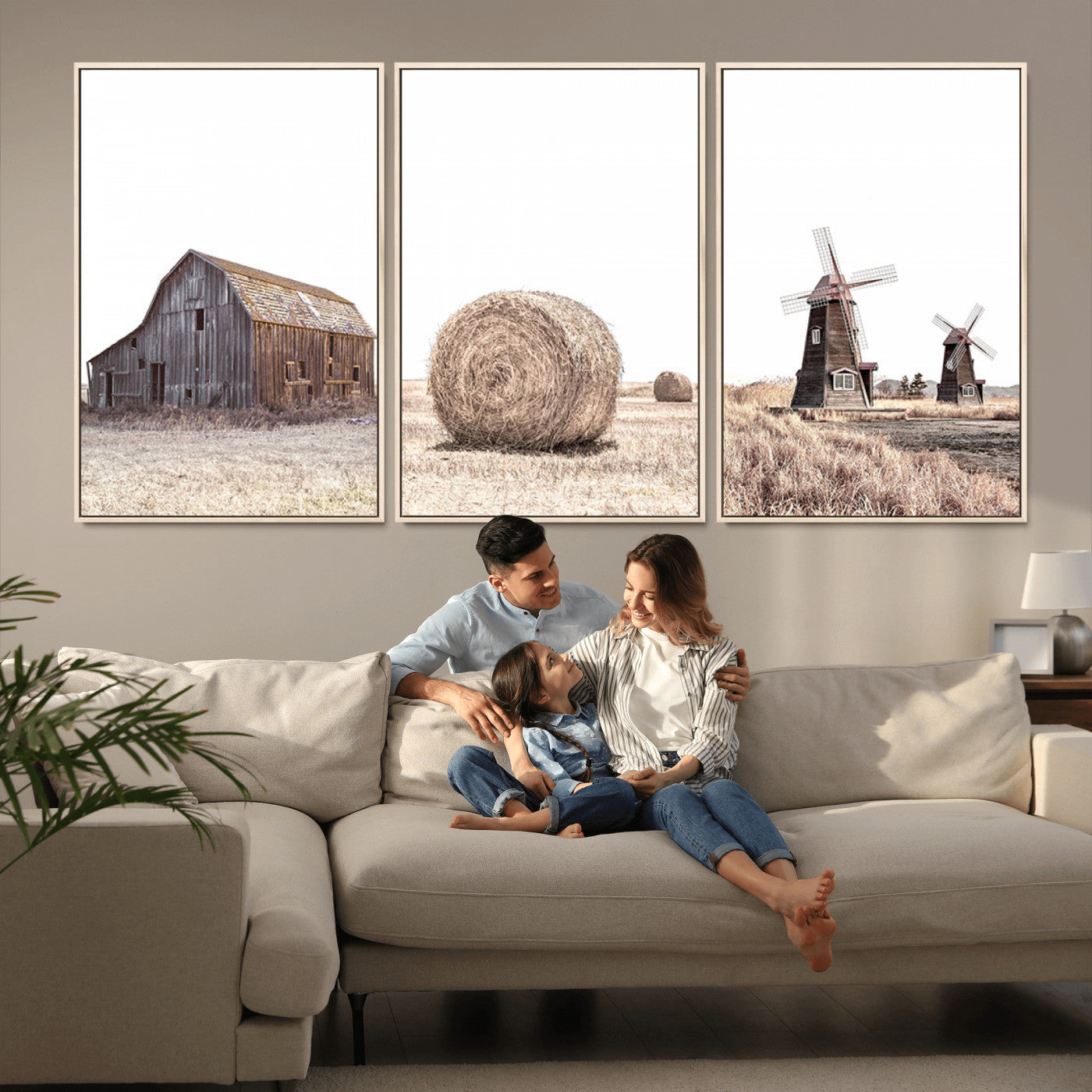 94971-MGV-FC-60X30-3P_Natural-Farm Prints Set, Set of 3 Farmhouse Wall Art, Country House Decor