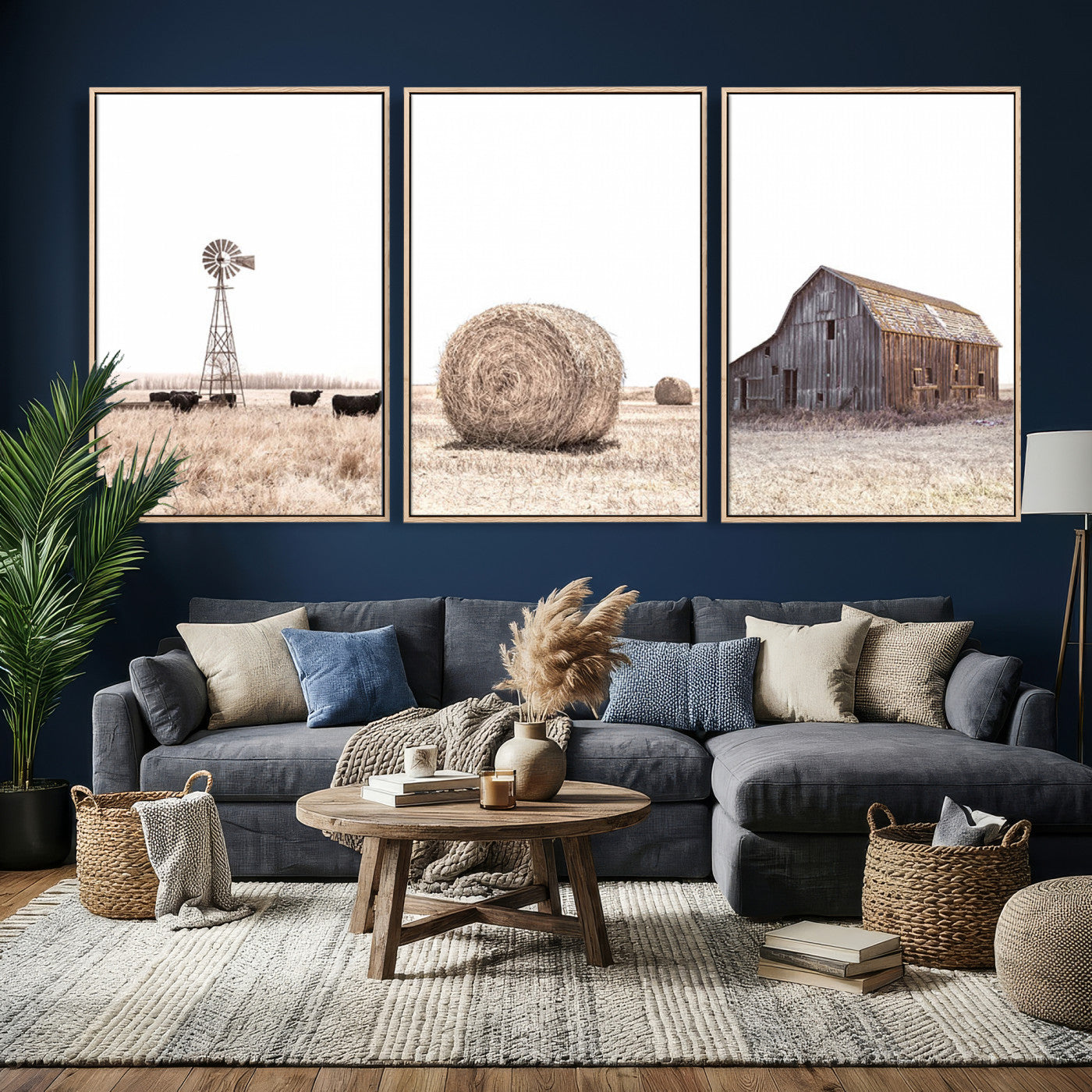 30918-MGV-CV-60X30-3P - Rustic Farmhouse Wall Art Set of 3 – Country Barn and Wheat Field | Farm Prints for Country Home and