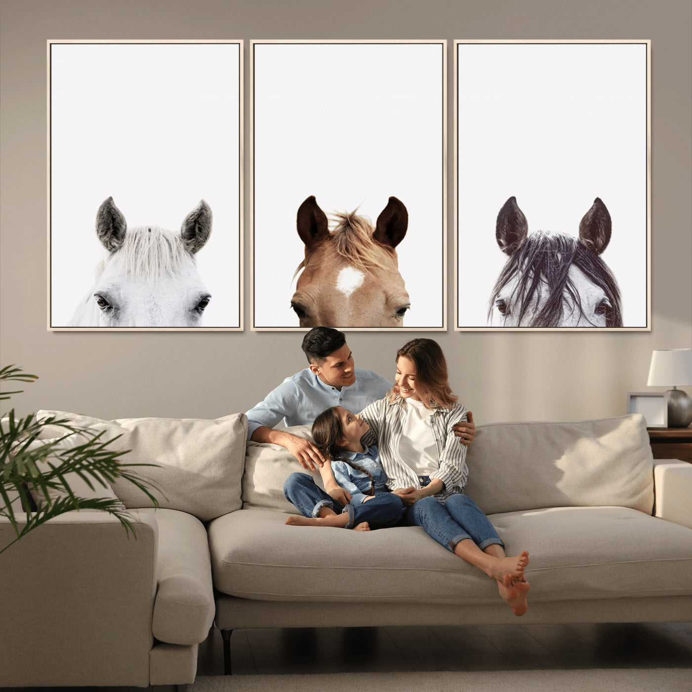 59160-MGV-FC-60X30-3P_Natural-Horse Prints Set, Set of 3 Horse Wall Art, Horses Portraits, Farmhouse Wall Art, Farm Animals Canvas, Animals Portraits Set, Horse Poster