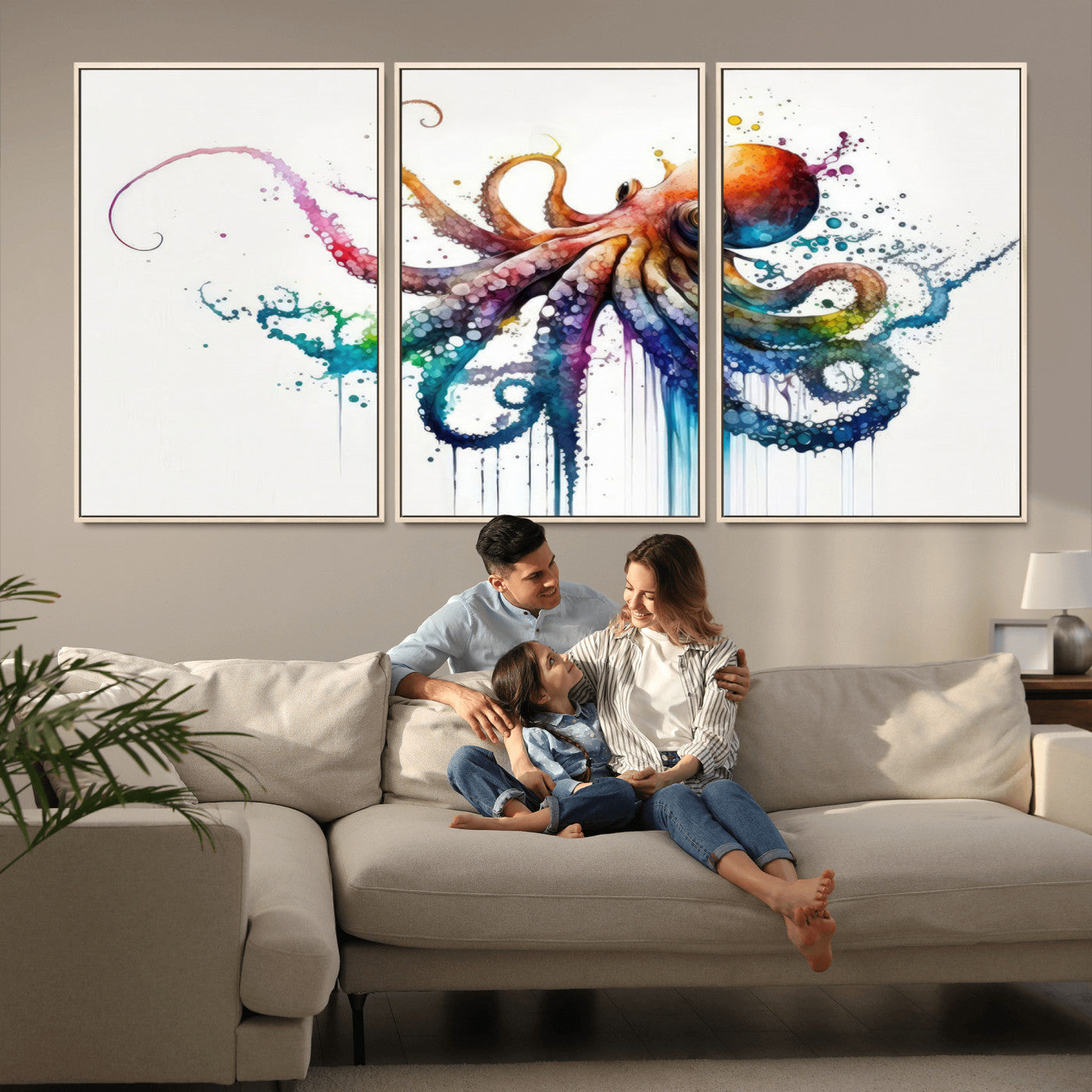 MGV-FC-60X30-3P - Watercolor Vibrant Octopus Wall Art Canvas Print | Abstract Sea Life Art | Colorful Marine Creature