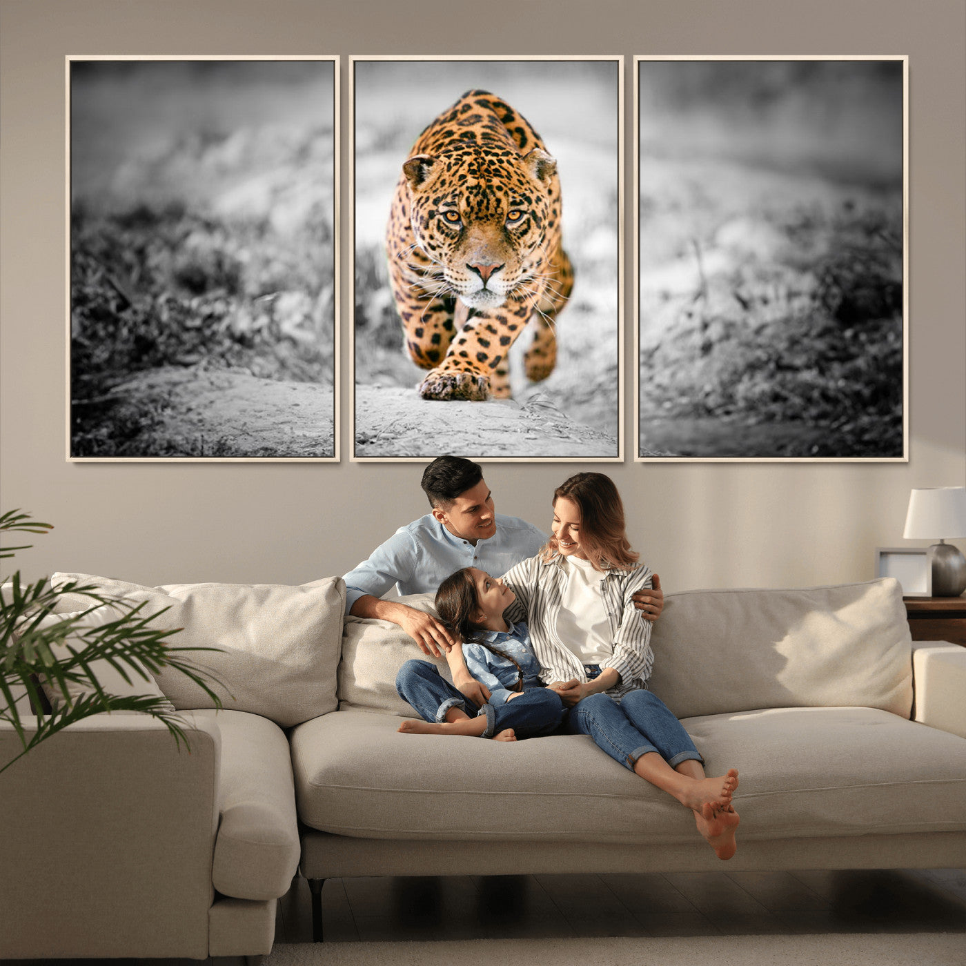 MGV-FC-60X30-3P - Jaguar Wall Art Canvas Print - Majestic Big Cat in Focused Pursuit - Ready to Hang